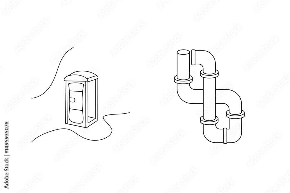Black line art of portable toilet and plumbing pipe structure on white background Black line art of portable toilet and plumbing pipe structure on white background