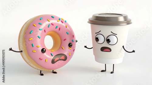 Scared Donut and Coffee Cup Cartoon Characters
