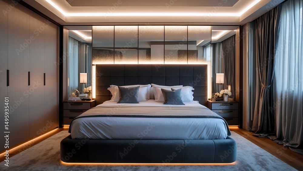Elegant bespoke bedroom featuring led headboard design Elegant bespoke bedroom featuring led headboard design