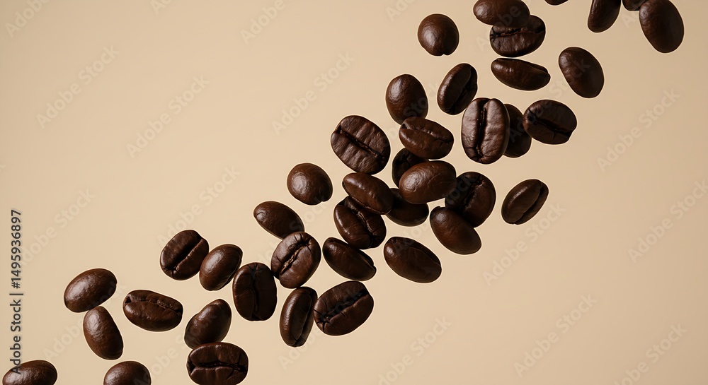Obraz premium Roasted coffee beans flying on beige background