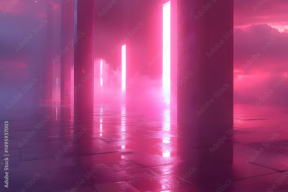 custom made wallpaper toronto digitalPink-lit columns recede into a hazy horizon, mirrored on a wet floor. Clouds visible beyond illuminated doorways