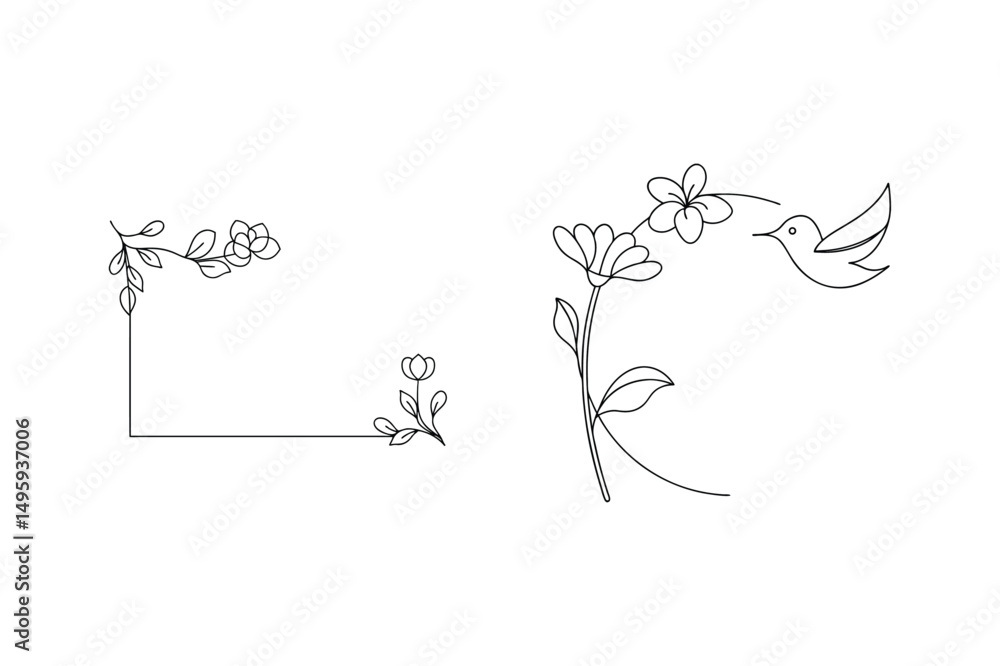 Obraz premium Elegant line art illustrations featuring floral frames and hummingbird in flight on white
