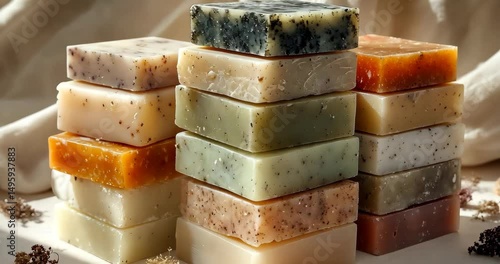 Stacks of colorful handmade soap bars, perfect for body care and relaxation.