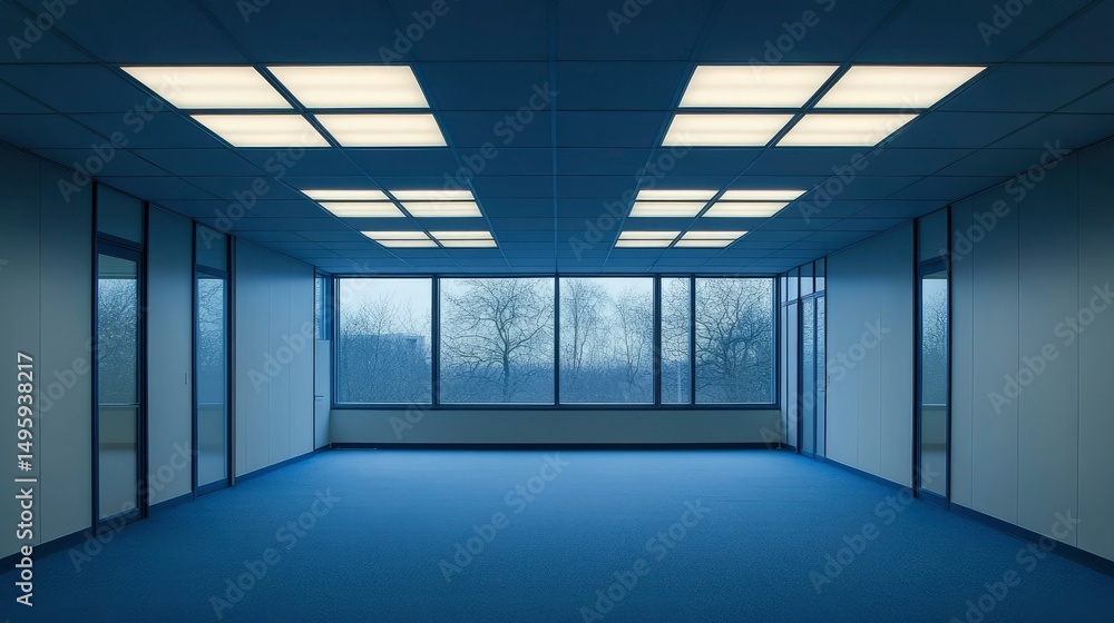 Empty Modern Office Space with Large Windows and Blue Carpet Empty Modern Office Space with Large Windows and Blue Carpet