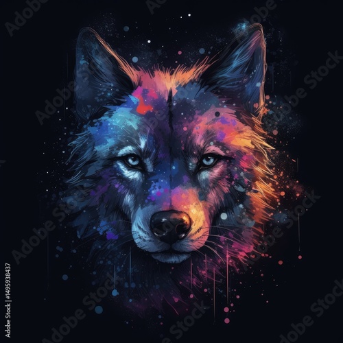 Vibrant Wolf Portrait with Colorful Paint Splashes