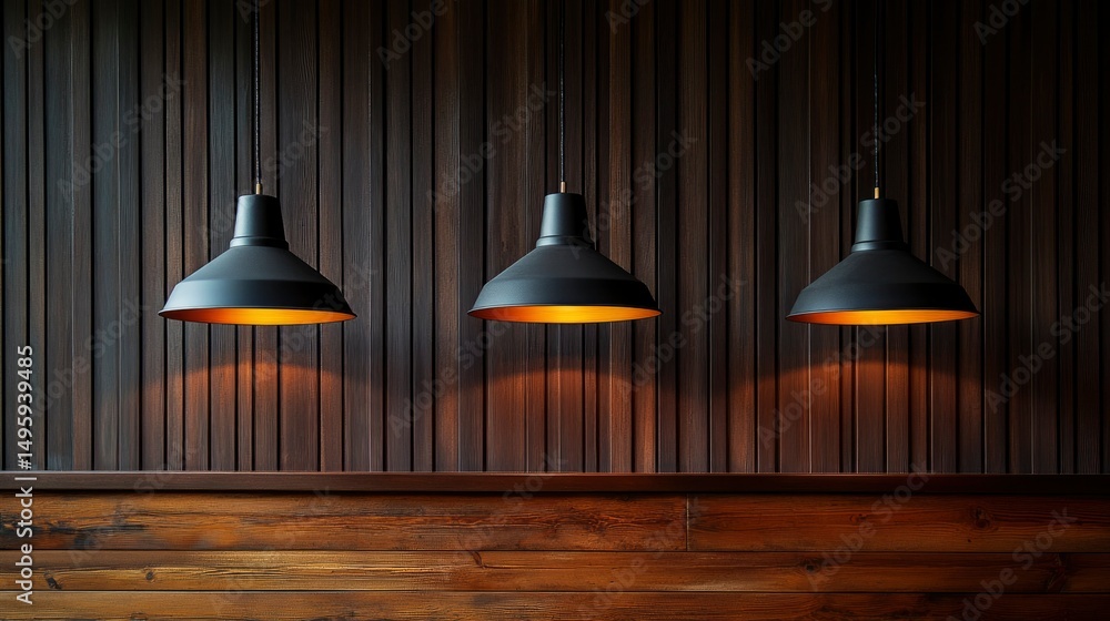 Obraz premium Three Industrial Pendant Lights Hanging Against Dark Wood Wall