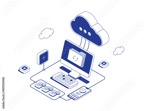 File synchronization concept showing PC with folder icon, cloud service and mobile phone with checkmark in isometric line contour vector illustration.