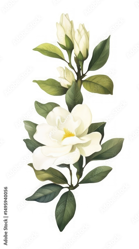 White Floral Branch with Green Leaves Botanical Illustration White Floral Branch with Green Leaves Botanical Illustration