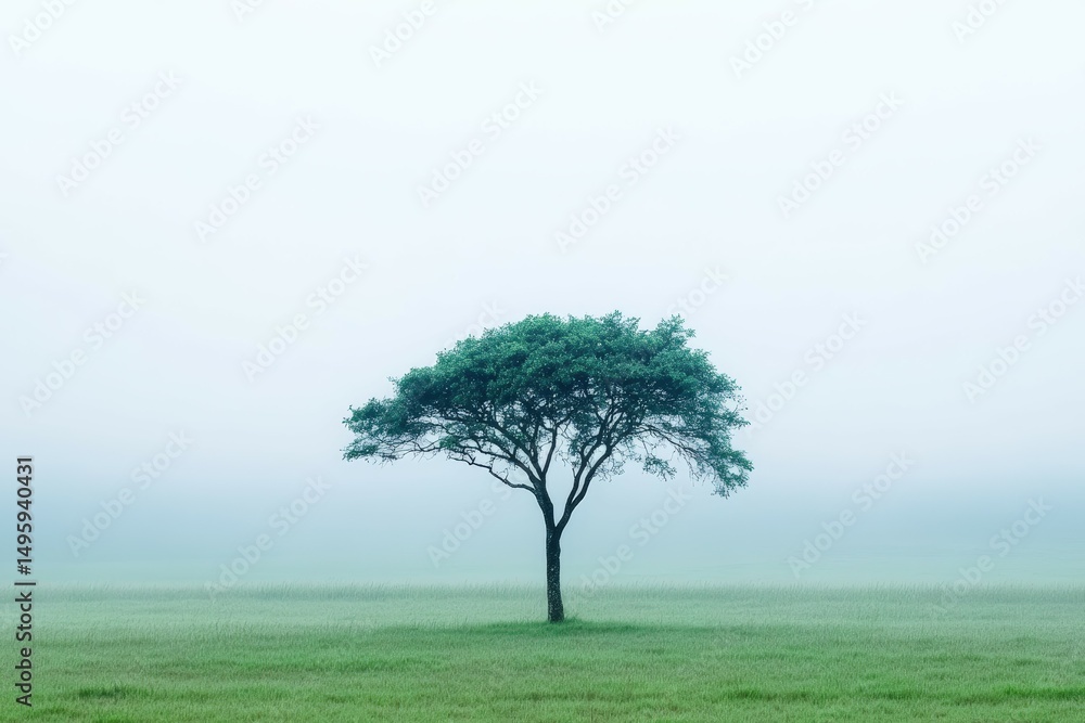 Fototapeta premium Single acacia tree standing alone in a vast open grassy field surrounded by soft morning fog and muted light, creating a peaceful minimalistic nature landscape composition
