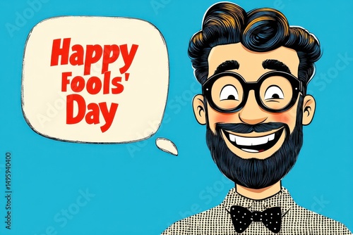 Celebrating Fools' Day with joy and laughter in a playful cartoon style featuring a bearded man in glasses