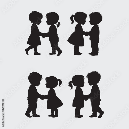Black vector silhouettes of a walking family group with children