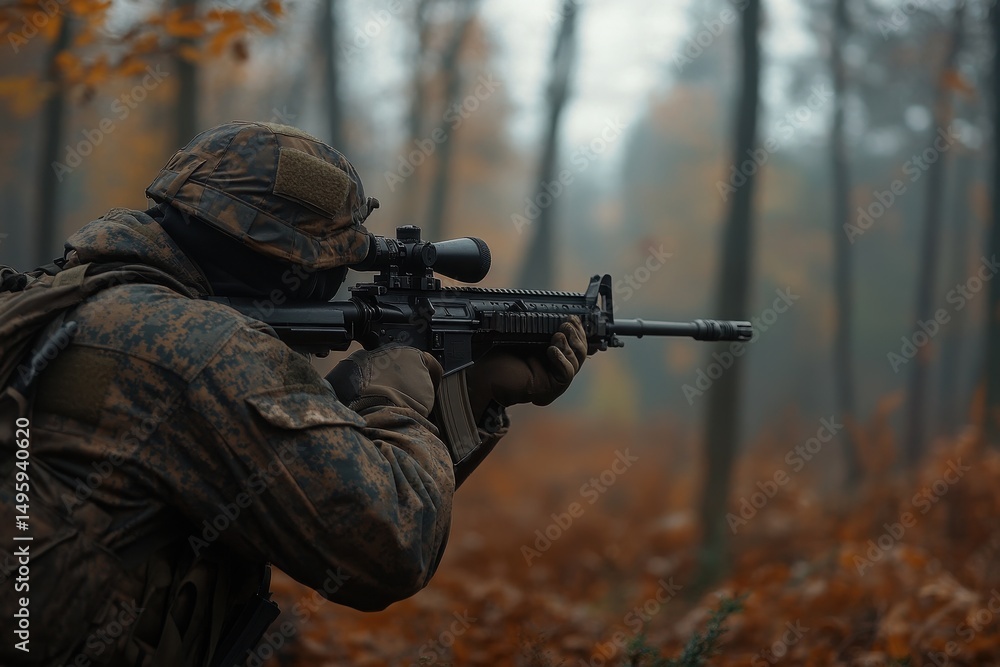 Fototapeta premium Forest Hunter's Precision: A Telescopic-Sighted Rifle in Action