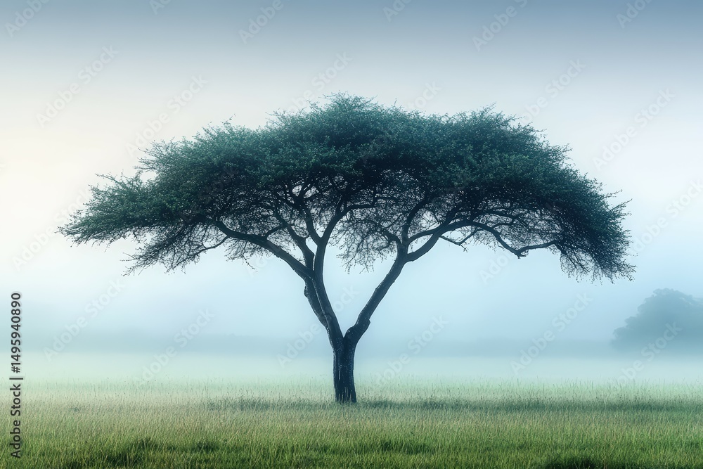 Obraz premium Single acacia tree standing alone in a vast open grassy field surrounded by soft morning fog and muted light, creating a peaceful minimalistic nature landscape composition