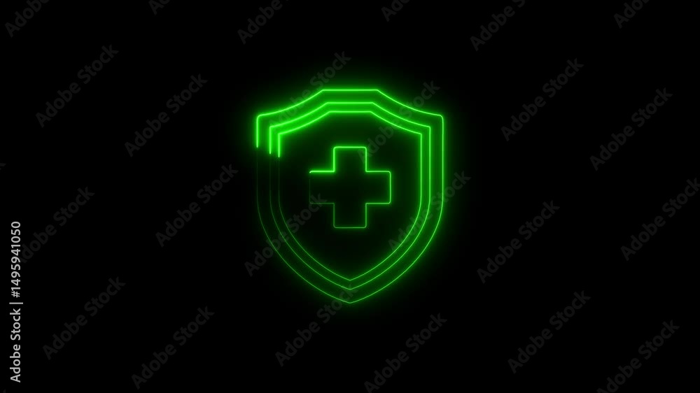 Glowing green medical shield symbolizing healthcare protection on a black background