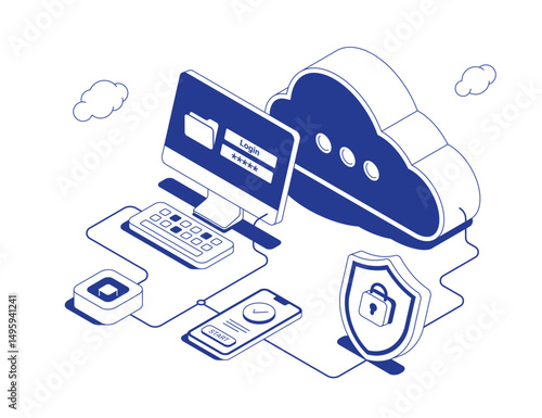 Secure cloud login system with PC, mobile verification and security shield connected to cloud service via data flows in isometric line contour vector illustration.