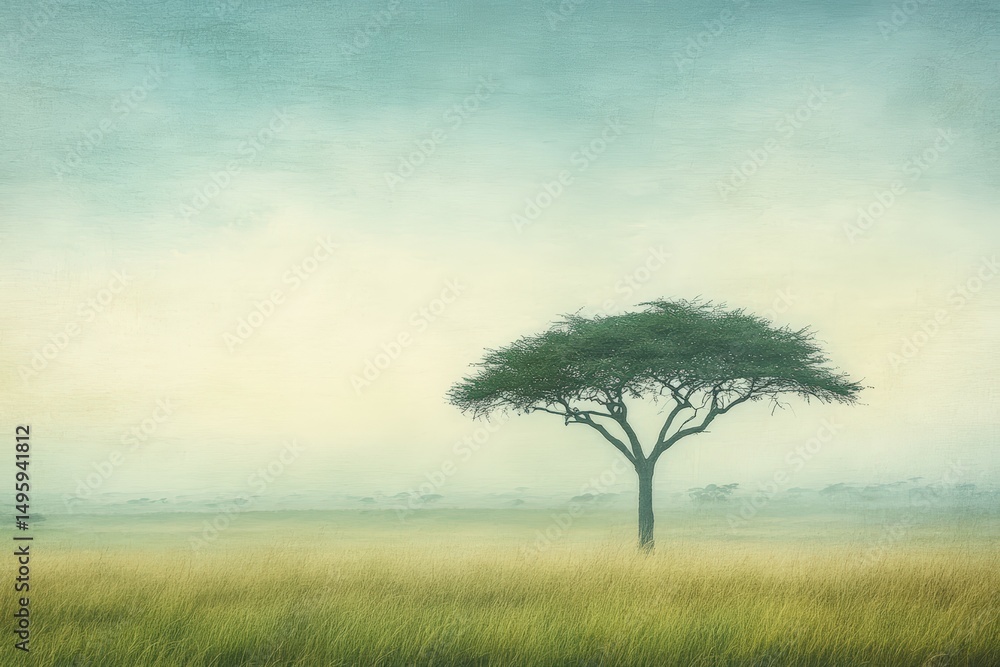 Fototapeta premium Single acacia tree standing alone in a vast open grassy field surrounded by soft morning fog and muted light, creating a peaceful minimalistic nature landscape composition