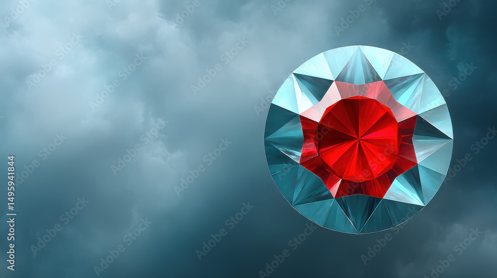 Fototapeta premium A gleaming red and blue gemstone floats against a dramatic cloudy sky, creating a mesmerizing contrast between nature's force and refined beauty and elegance.