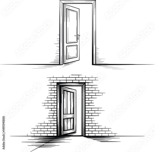 Hand-Drawn Open Door Illustrations, Minimalist Sketch Style.