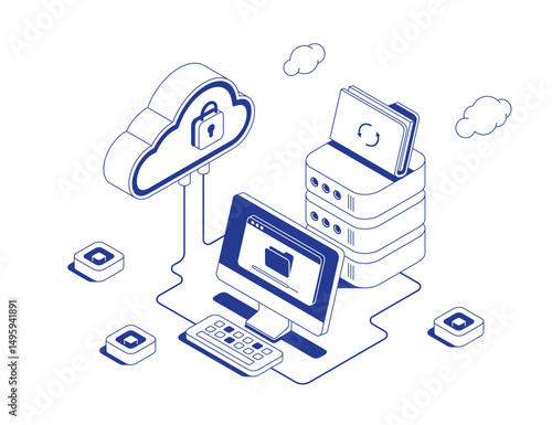 Cloud file storage concept with PC upload process connected to servers via data flows and man standing on laptop in isometric line contour vector illustration.