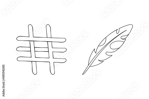 Line art illustration of hashtag symbol and decorative feather element design