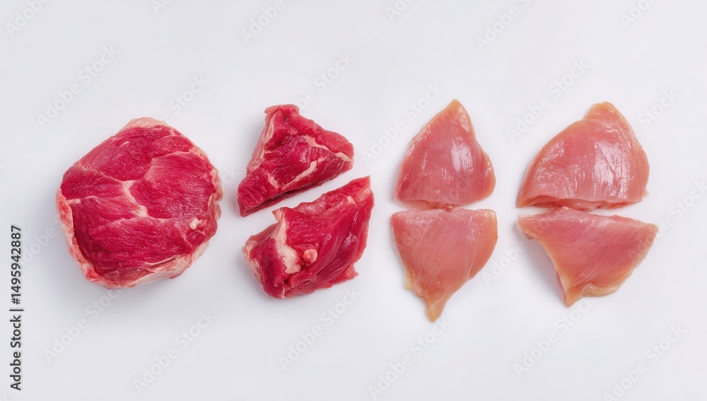 Fototapeta premium Fresh Beef and Chicken Meat Cuts Ready for Cooking Recipe Ingredients