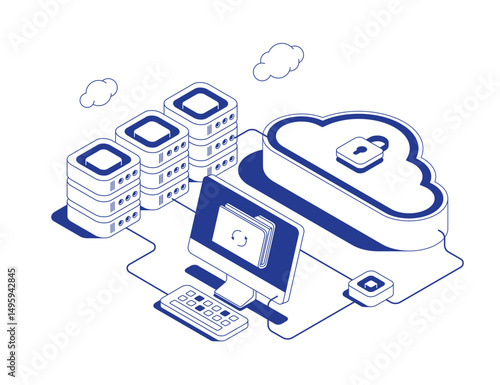 Secure cloud backup system with PC, server racks and data recovery concept showing file restoration through connected data flows in isometric line contour vector illustration.