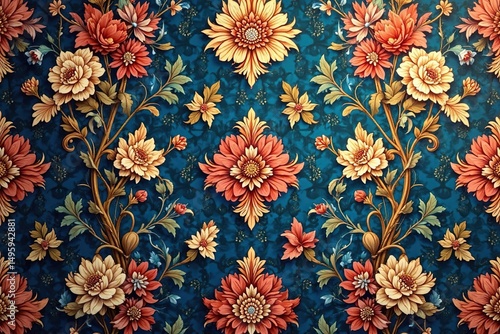 Intricate floral damask pattern in a vintage style , symmetrical, fabric