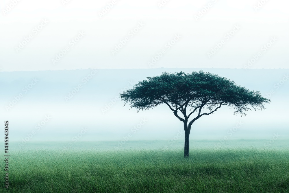 Obraz premium Single acacia tree standing alone in a vast open grassy field surrounded by soft morning fog and muted light, creating a peaceful minimalistic nature landscape composition