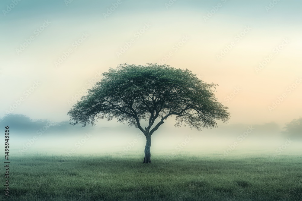 Obraz premium Single acacia tree standing alone in a vast open grassy field surrounded by soft morning fog and muted light, creating a peaceful minimalistic nature landscape composition