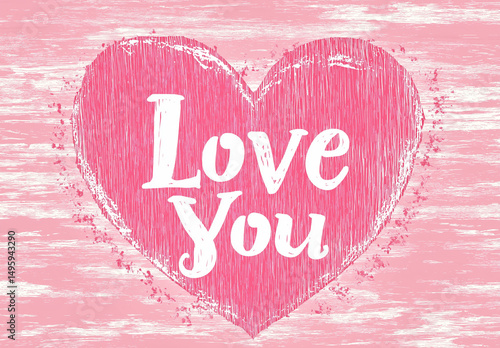 Love You in a pink retro font, with a heart-shaped background, in a clipart style, isolated on a pastel red background.