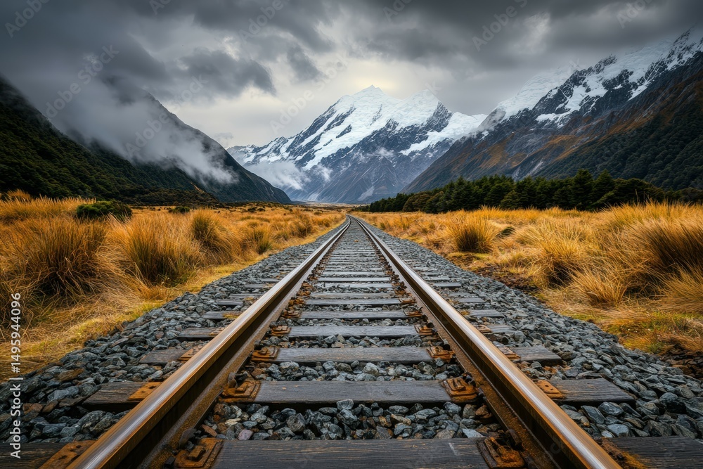Fototapeta premium Railroad tracks leading into the distance toward majestic snow-covered mountains under a dramatic cloudy sky in a scenic landscape of wild grass and rugged natural beauty