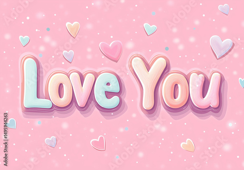 Love You in a pink retro font, with a heart-shaped background, in a clipart style, isolated on a pastel red background.