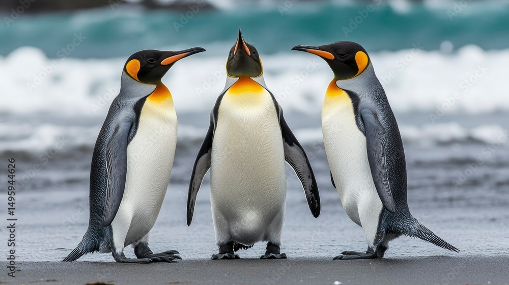 Fototapeta premium Three King Penguins on a Beach in Antarctica