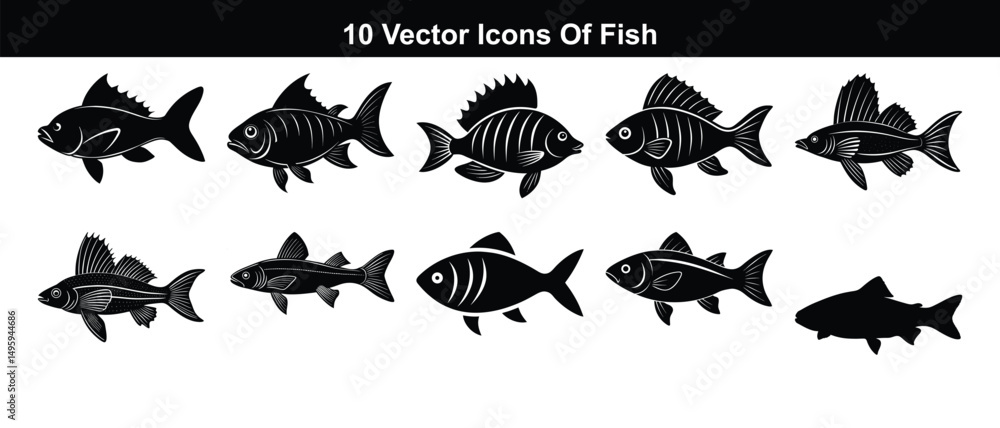 Obraz premium Ten stylish black fish icons ideal for aquatic themes and marine design projects