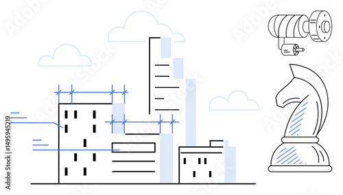 Buildings under construction combined with a chess knight and telescope symbolizing strategy, innovation, and urban growth. Ideal for planning, strategy, leadership, innovation, architecture, vision