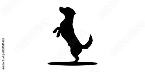 Cartoon dog silhouette standing on hind legs with curled tail and minimal style
