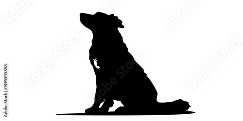 Fluffy dog silhouette sitting, side view with raised head
