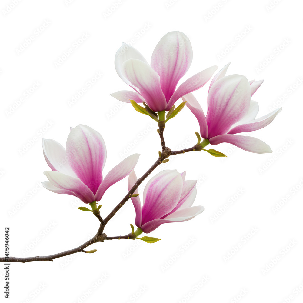 Pink magnolia branch with three blossoms isolated on transparent background Pink magnolia branch with three blossoms isolated on transparent background