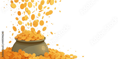 Golden pot surrounded by falling coins on white background
