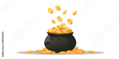 Black pot with gold coins mid fall on white background
