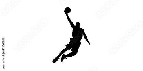 Silhouette of male basketball player dunking in flight
