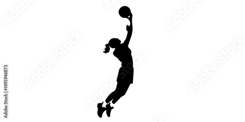 Silhouette of athletic woman jumping with basketball
