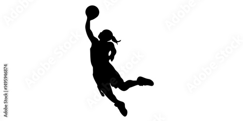 Female basketball player silhouette dunking in mid-air
