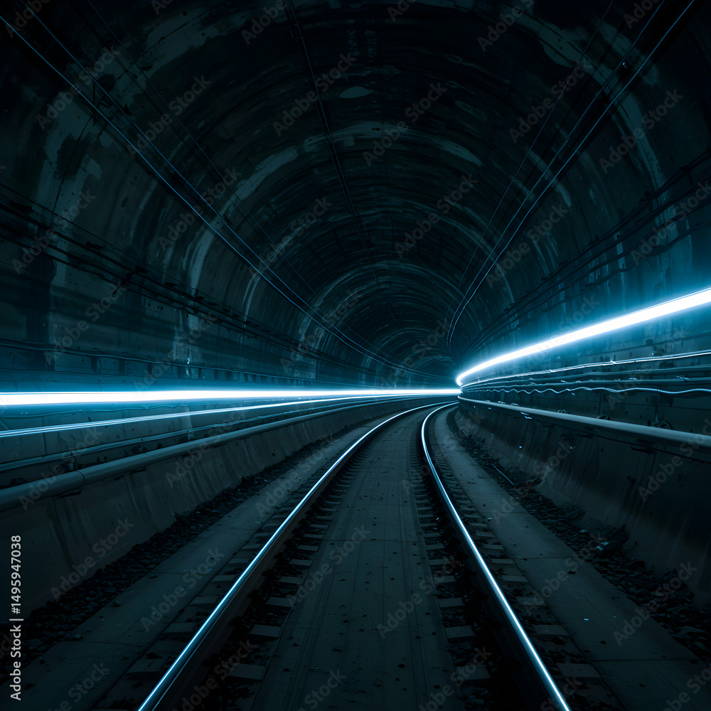 Naklejka premium Dark Tunnel, Train Tracks, Futuristic Lighting, Sci-Fi, Digital Art
