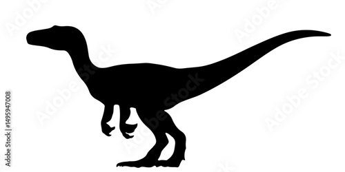 Black silhouette of velociraptor dinosaur in profile view
