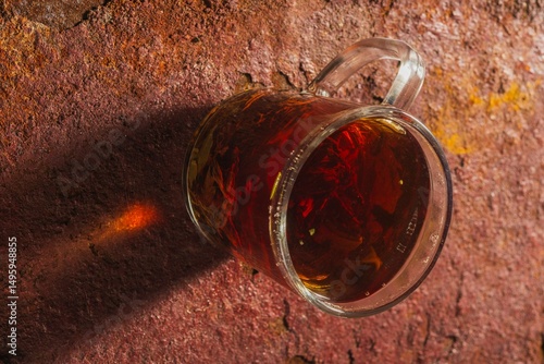 Still life - tea time. Mug of hot drink on a bright background - top view