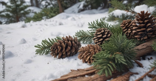 Deep green fir & brown pine cones, rustic, snowy effect ,  branches,  conifer,  holiday decor