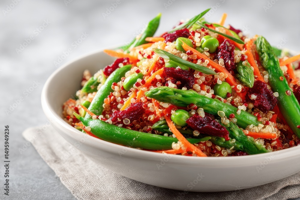 Close-up of a vibrant and colorful quinoa salad with fresh asparagus, carrots, dried cranberries, and peas, beautifully arranged in a white bowl, healthy eating. Close-up of a vibrant and colorful quinoa salad with fresh asparagus, carrots, dried cranberries, and peas, beautifully arranged in a white bowl, healthy eating.