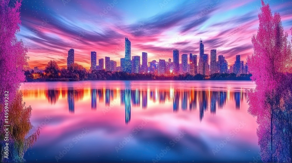 Fototapeta premium Vibrant city skyline reflected in a tranquil water surface.