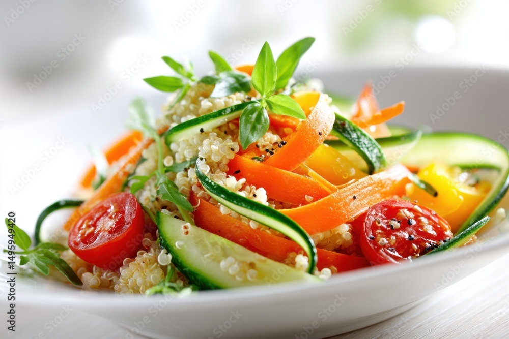 A vibrant and healthy quinoa salad featuring fresh vegetables like tomatoes, carrots, and zucchini with herbs, elegantly arranged on a white plate for a refreshing dish. A vibrant and healthy quinoa salad featuring fresh vegetables like tomatoes, carrots, and zucchini with herbs, elegantly arranged on a white plate for a refreshing dish.